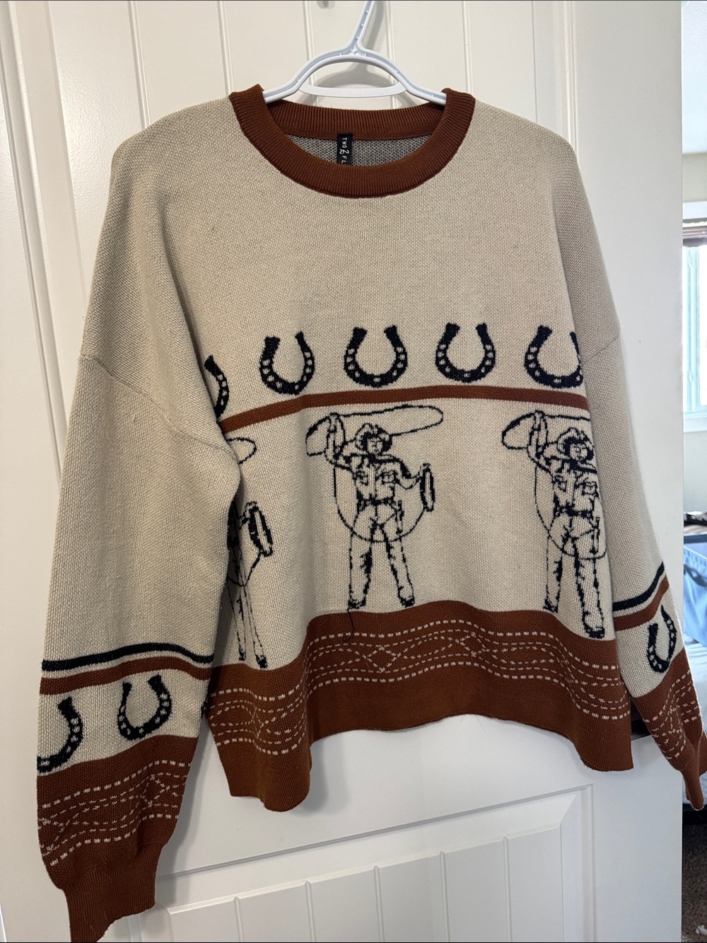 2Fly Beige and Brown Cowboy Motif Crewneck Sweater